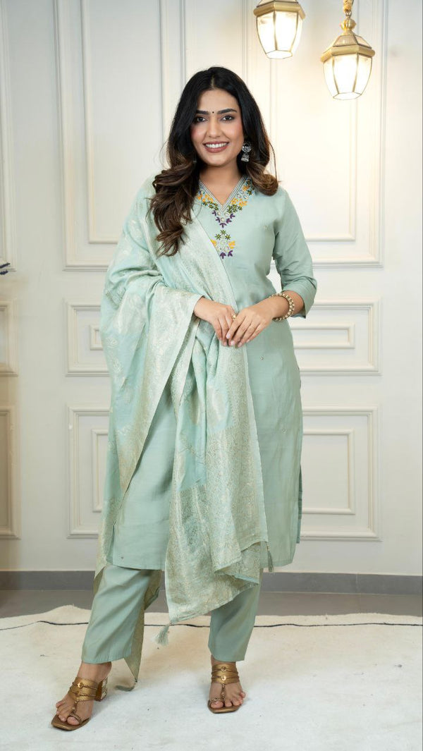 Sea Green Handwork Roman Silk Suit Set