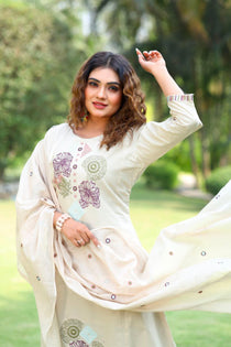 Cream Cotton Embroidered A-Line Kurta Pant Dupatta Set