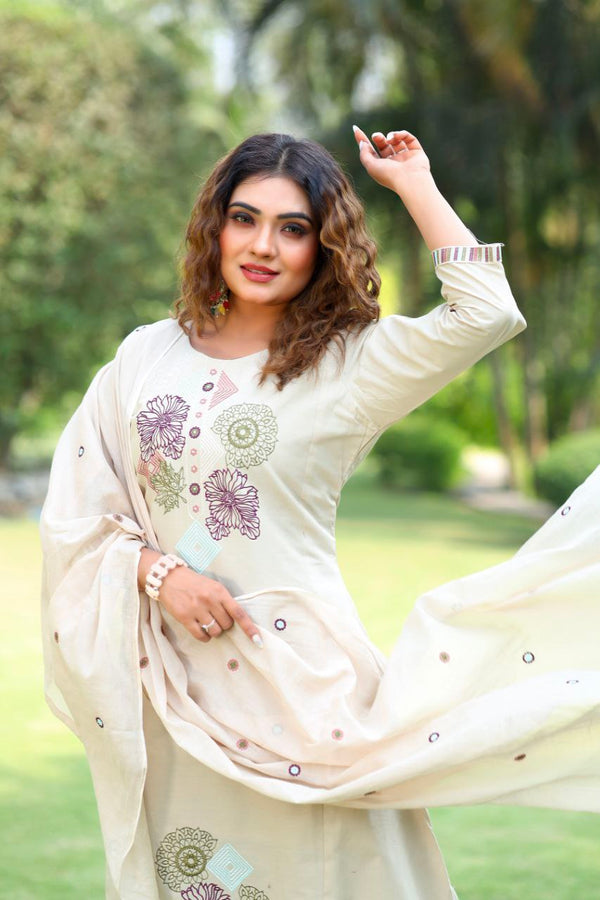 Cream Color Cotton Embroidered Suit Set