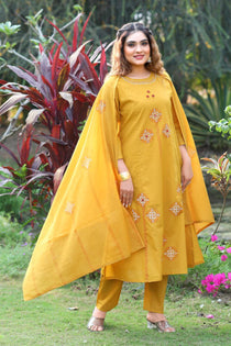 Mustard Pure Cotton Mirror Work A-Line Kurta Pant Dupatta Set