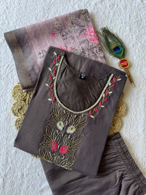 Brown Blossom Embroidered Kurta Set