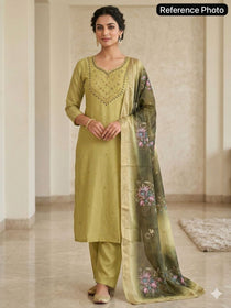 Olive Blossom Embroidered Kurta Set with Premium Floral Printed Dupatta