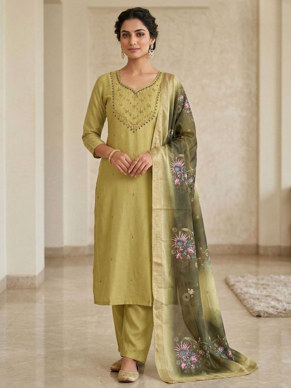 Elaichi Green Handwork Mul Chanderi Kurta Set with Floral Dupatta Main image