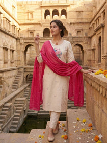 Cream Embroidered Khadi Cotton Kurta Set with Pink Dupatta