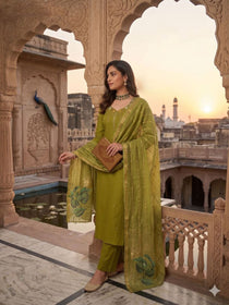 Premium Embroidered Kurta Set with Botanical Print Dupatta