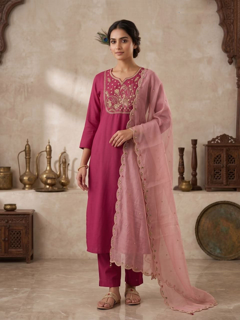 Rouge Beadwork Roman Silk Kurta Set