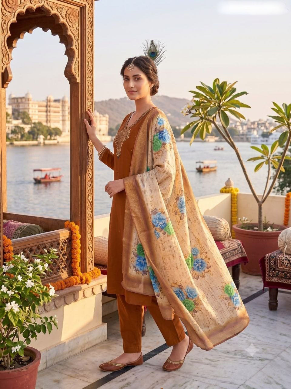 Coffee Handwork Mul Chanderi Kurta Set Secondary image