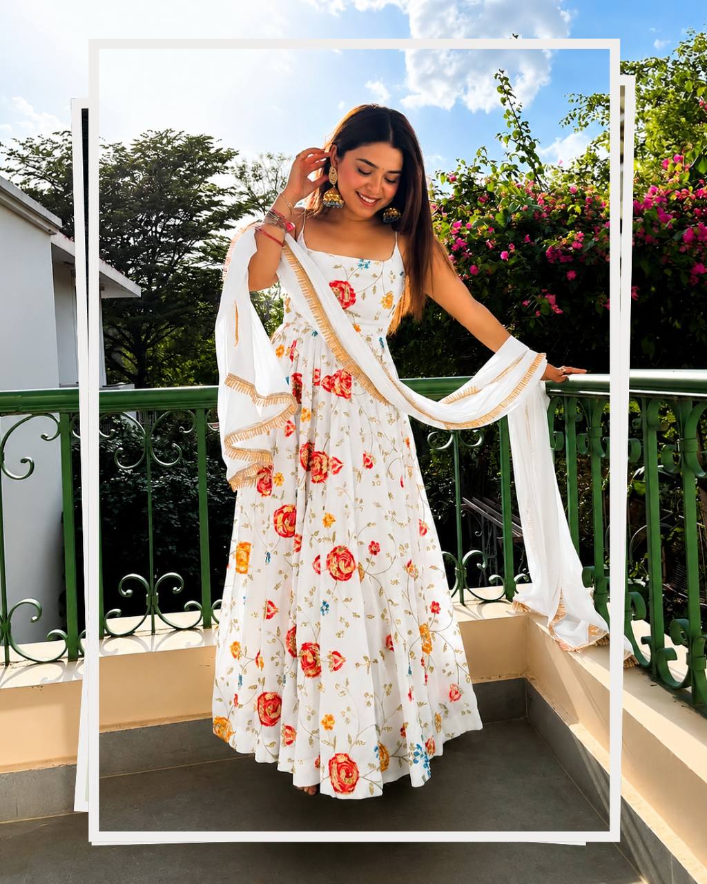 Elegant Embroidered Gown Set with Lace Border Dupatta Main image