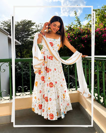 Elegant Embroidered Gown Set with Lace Border Dupatta