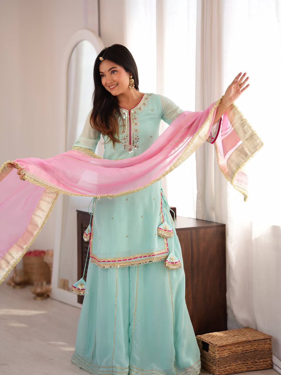 Parrot Green Embroidered Sharara Suit Set