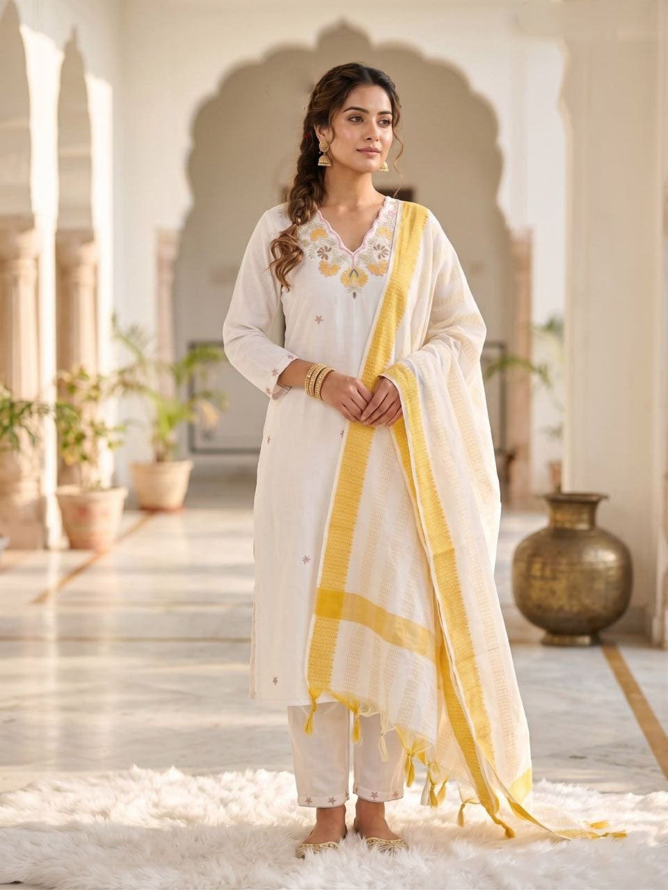 White Khadi Cotton Embroidered Kurta Pant Dupatta Set