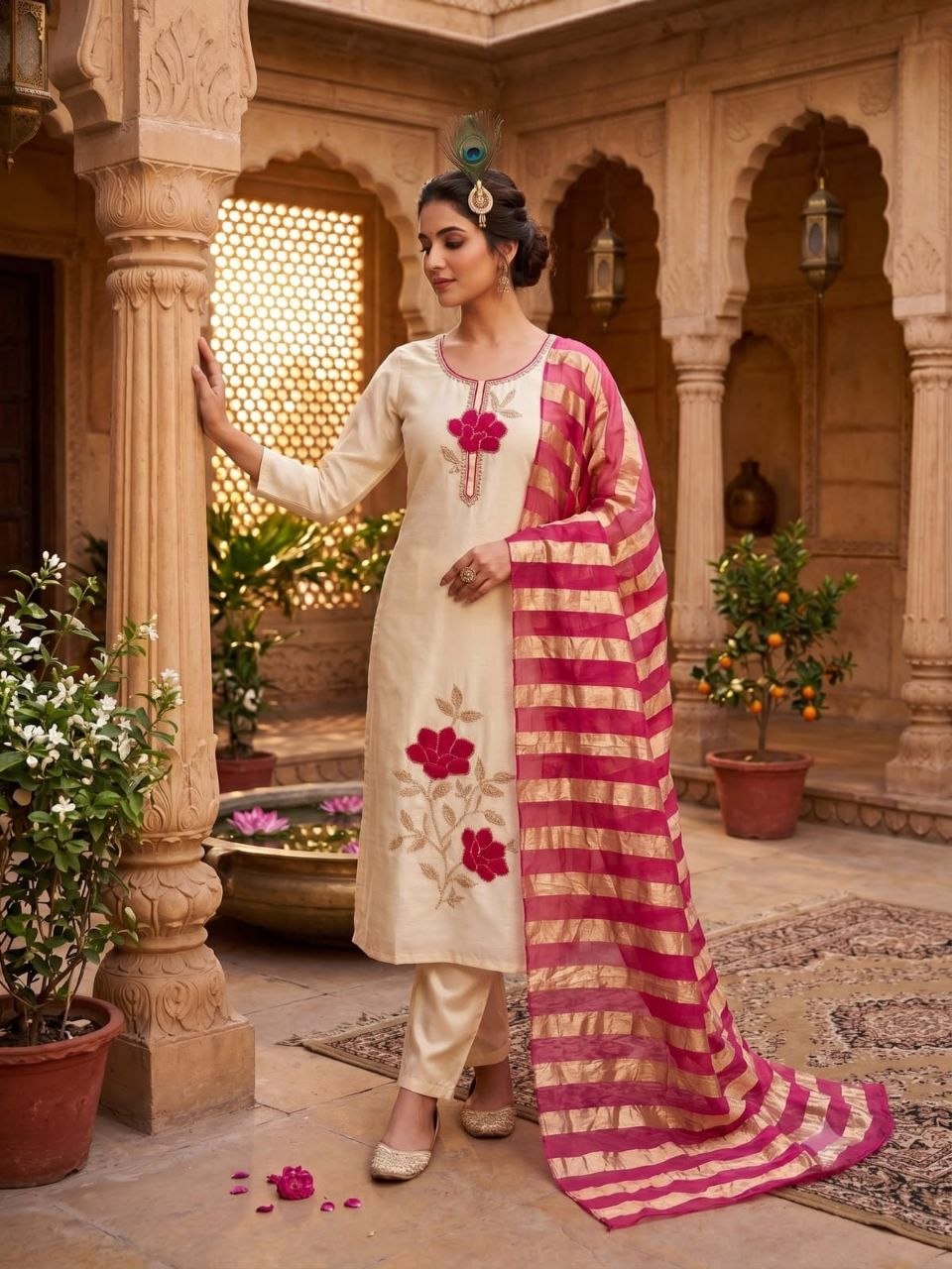 Cream Roman Silk Embroidered Kurta Pant Set with Pink Organza Dupatta