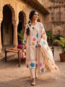 Cream Khadi Cotton Embroidered Kurta Set with Digital-Print Dupatta