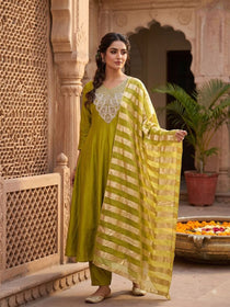Parrot Green Beaded Roman Silk Anarkali Suit Set with Zari Organza Dupatta