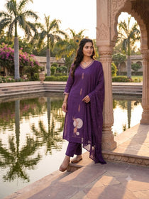 Purple Cotton Embroidered A-Line Kurta Set with Mul Cotton Dupatta