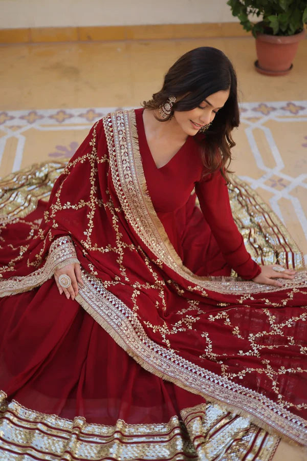 Wedding Wear Sequence Work Maroon Color Gown LC-130