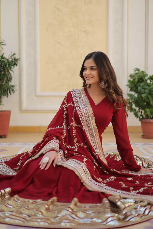 Wedding Wear Sequence Work Maroon Color Gown LC-130