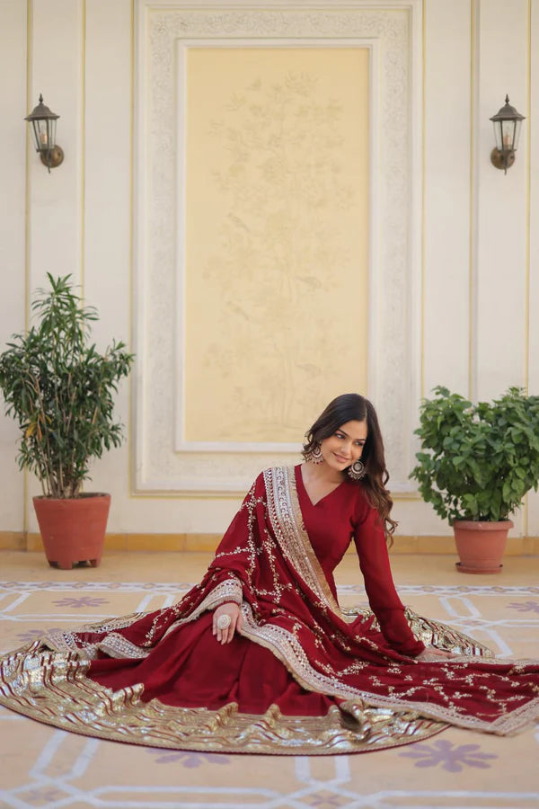 Wedding Wear Sequence Work Maroon Color Gown LC-130