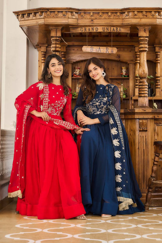 Fantastic Georgette Navy Blue & Red Color Gown Ram-037