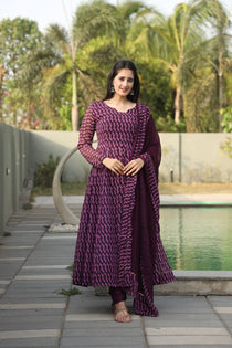Wine Georgette Digital Print Anarkali Suit Set with Dupatta