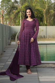 Wine Georgette Digital Print Anarkali Suit Set