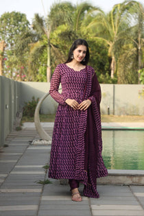 Wine Georgette Digital Print Anarkali Suit Set