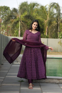 Wine Georgette Digital Print Anarkali Suit Set