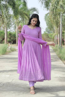 Purple Faux Georgette Embroidered Kali Cut Anarkali Suit Set