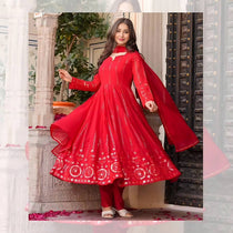 Red Faux Georgette Embroidered Anarkali Suit Set