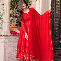 Red Faux Georgette Embroidered Anarkali Suit Set with Dupatta