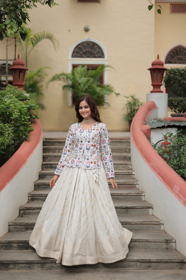 Delightful Viscose Jequard White Color Top With Lehenga LW-7127