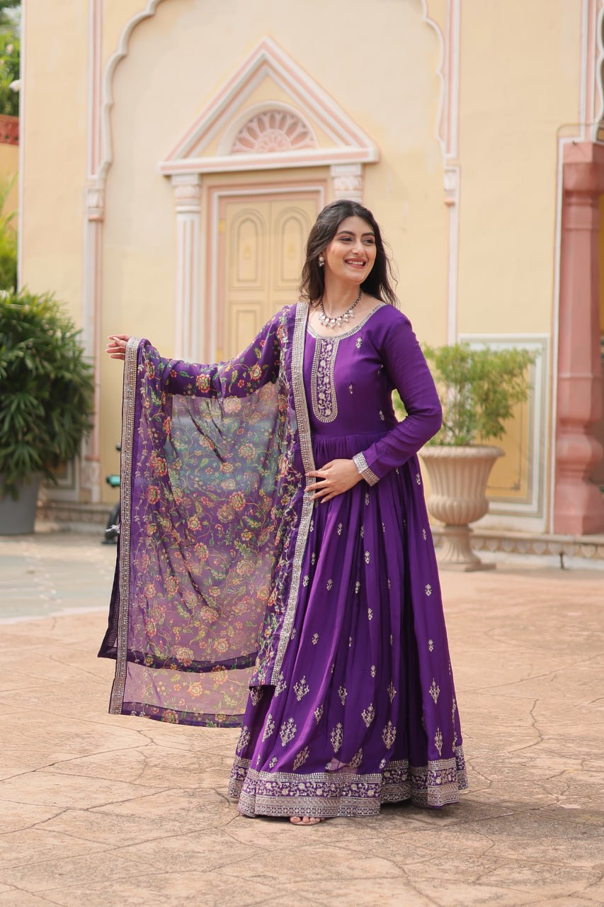 Fabulous Purple And Wine Color Embroidered Work Kalamkari Border Gown LW-9190