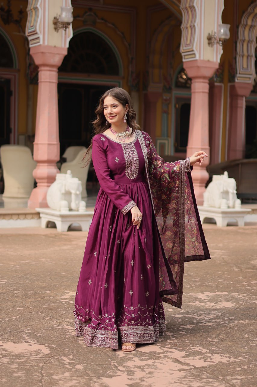 Fabulous Purple And Wine Color Embroidered Work Kalamkari Border Gown LW-9190