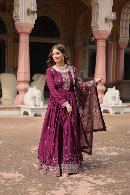 Fabulous Purple And Wine Color Embroidered Work Kalamkari Border Gown LW-9190