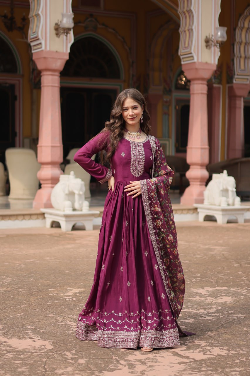 Fabulous Purple And Wine Color Embroidered Work Kalamkari Border Gown LW-9190