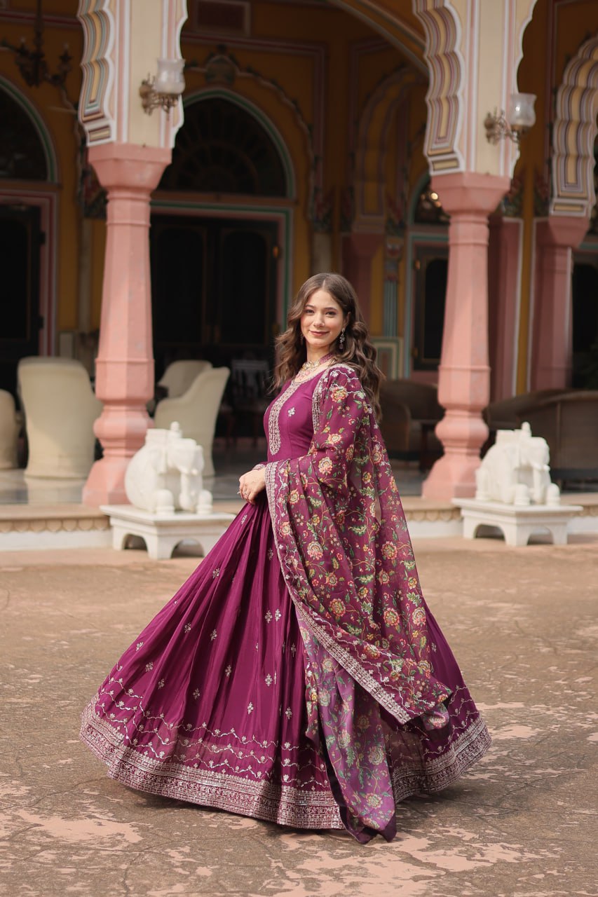 Fabulous Purple And Wine Color Embroidered Work Kalamkari Border Gown LW-9190