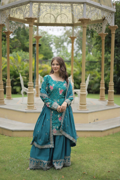 Embellished Chinnon Printed Teal Blue & Pink Color Shararan Suit KA-1125