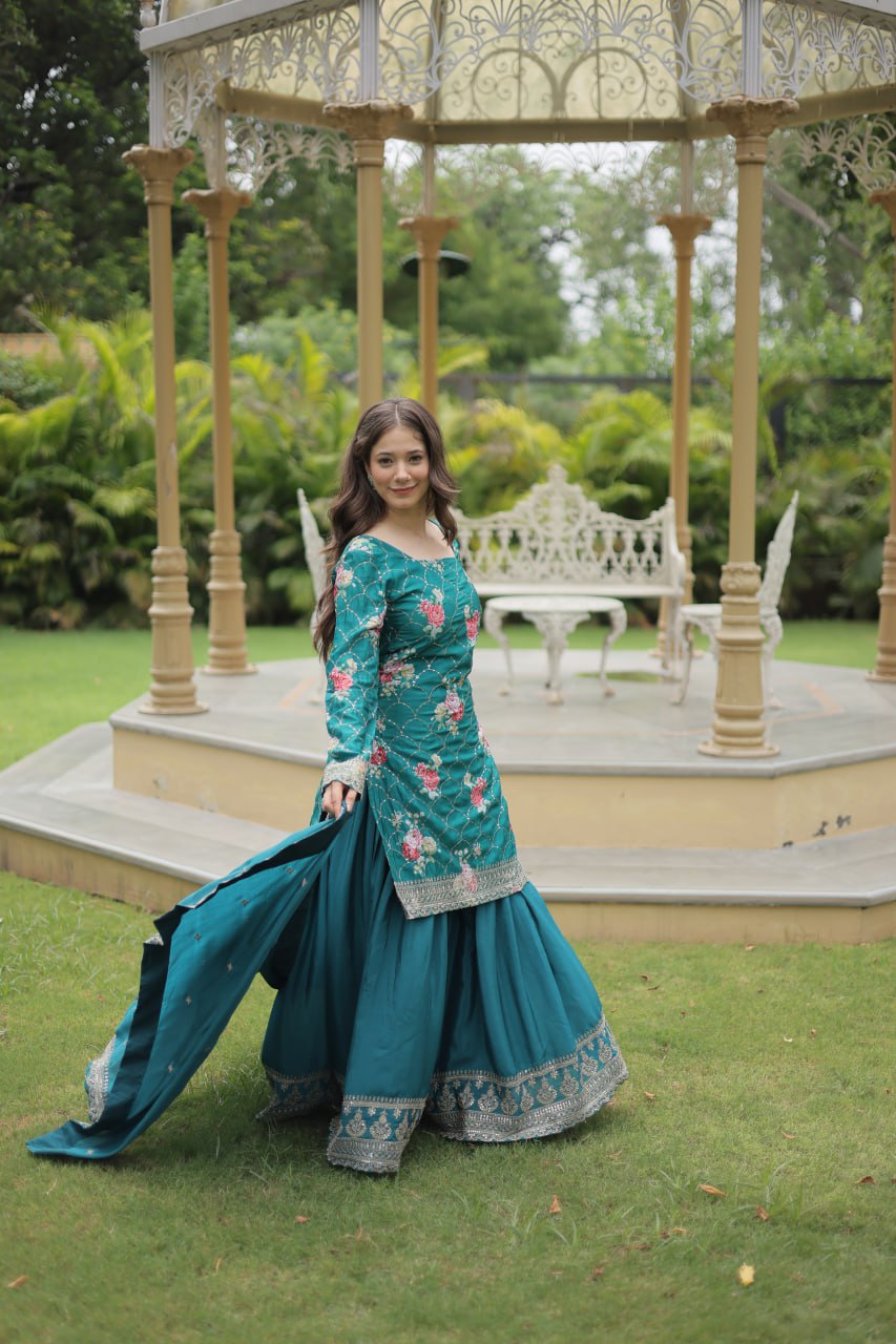 Embellished Chinnon Printed Teal Blue & Pink Color Shararan Suit KA-1125