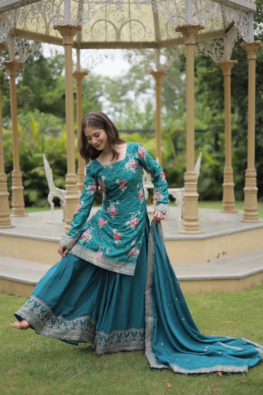 Embellished Chinnon Printed Teal Blue & Pink Color Shararan Suit KA-1125