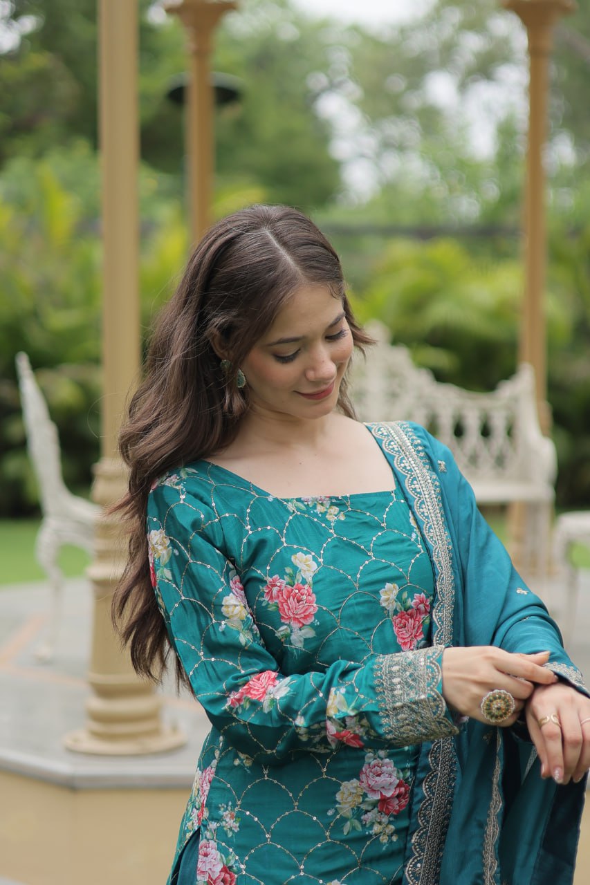 Embellished Chinnon Printed Teal Blue & Pink Color Shararan Suit KA-1125