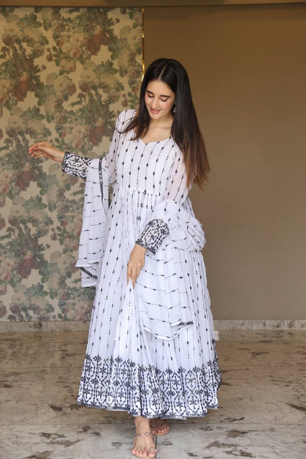 Gorgeous Black Embroidery Work With White Gown TD-6036