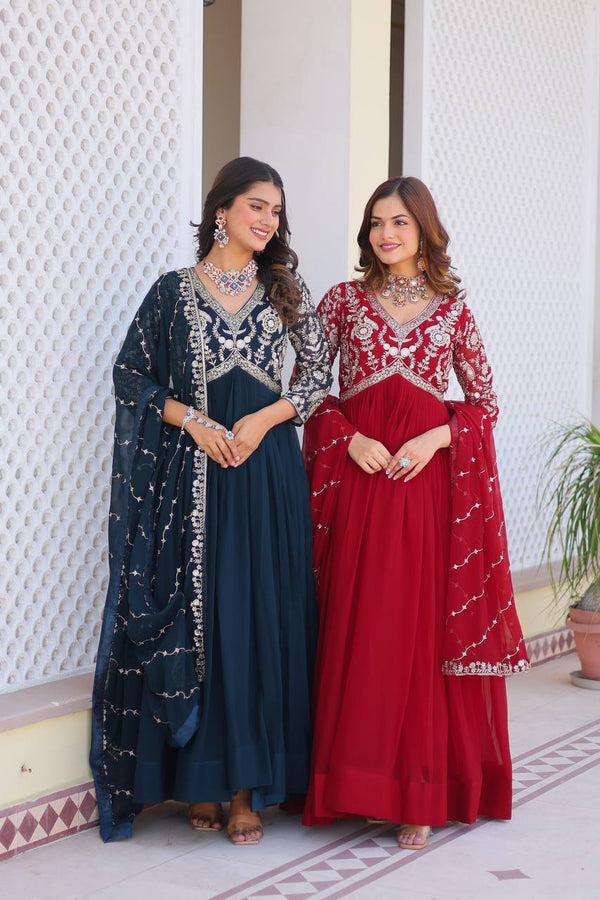 Festive Wear Georgette Navy Blue & Red Color Gown Ram-060