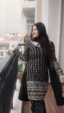 Black Sequin Embroidered Palazzo Suit Set with Georgette Dupatta