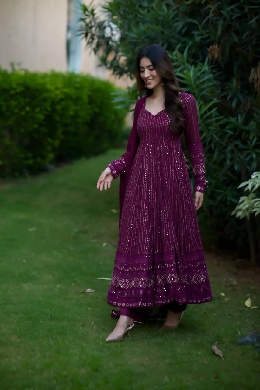 Wine Faux Blooming Zari Embroidered Anarkali Suit Set