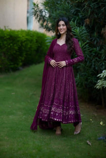Wine Faux Blooming Zari Embroidered Anarkali Suit Set with Dupatta