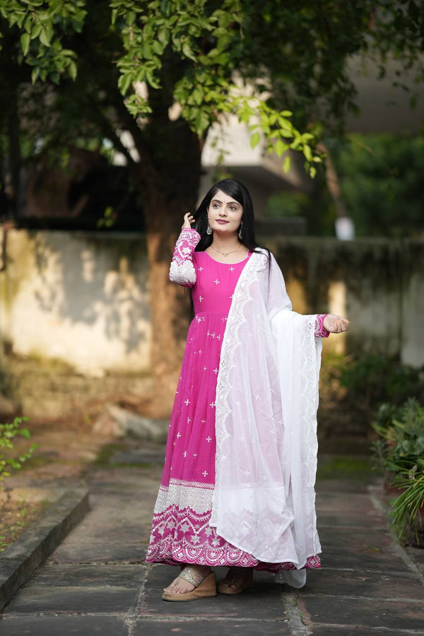 Mesmerizing Pink Color All Over Embroidery Work Gown TD-6063