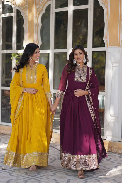 Awesome Georgette Embroidered Work Yellow & Wine Color Gown LW-9210