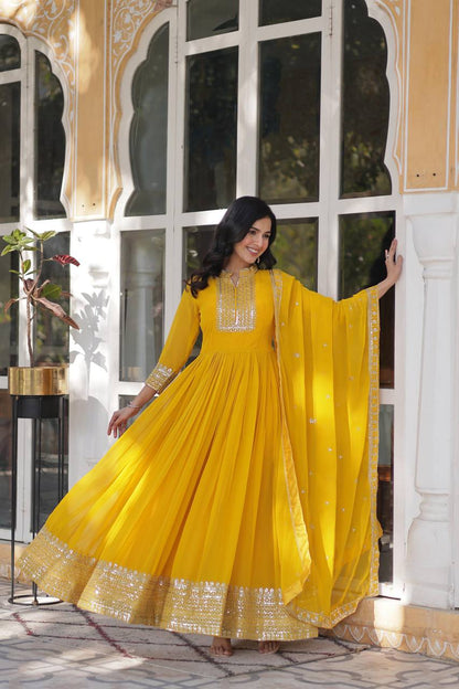 Awesome Georgette Embroidered Work Yellow & Wine Color Gown LW-9210