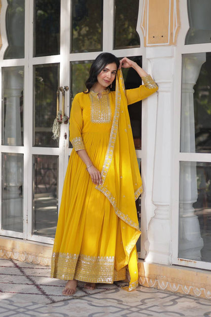 Awesome Georgette Embroidered Work Yellow & Wine Color Gown LW-9210