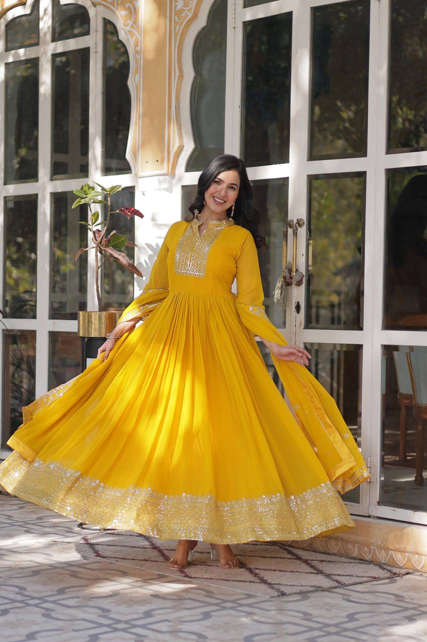 Awesome Georgette Embroidered Work Yellow & Wine Color Gown LW-9210